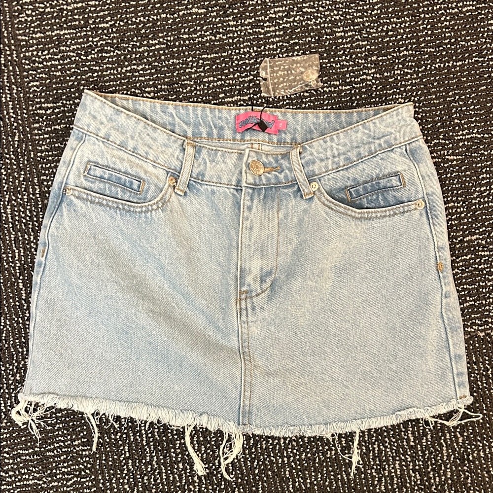 Light Denim Mini Skirt Y2K flirty coquette raw hem bottom women’s XS